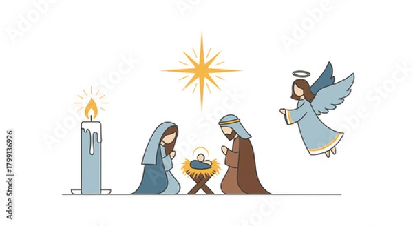 Obraz Elegant Flat Vector Nativity Ornament with Star, Candle, and Angel on White Background