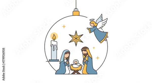 Obraz Flat Vector Nativity Ornament with Star, Candle, and Angel on White Background