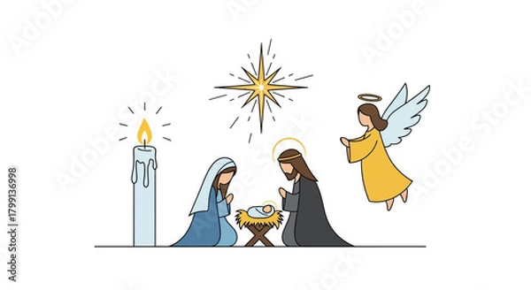 Obraz Elegant Christmas Nativity Decorations – Angel, Star, and Candle Flat Vector Art