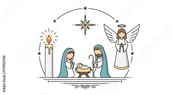 Obraz Minimalist Flat Nativity Ornament Composition Featuring Angel, Star, and Candle