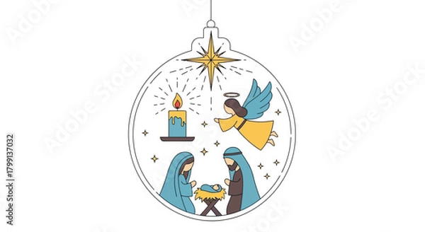 Obraz Elegant Nativity Christmas Ornaments with Angel, Candle, and Star – Flat Vector Illustration