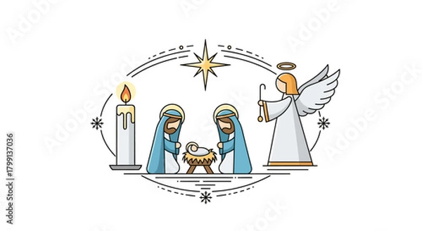 Obraz Minimalist Flat Vector Nativity Icons Featuring Angel, Candle, and Star on Clean White Backdrop decoration