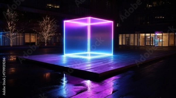 Fototapeta Abstract neon cube emits vibrant pink and blue light at night,