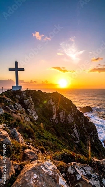 Obraz Coastal cliff with a cross silhouetted by a brilliant golden sunset over the ocean