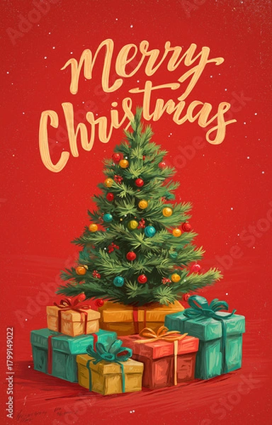 Fototapeta High resolution Christmas tree with gifts on red background featuring golden Merry Christmas inscription, perfect festive mobile app vector illustration design.