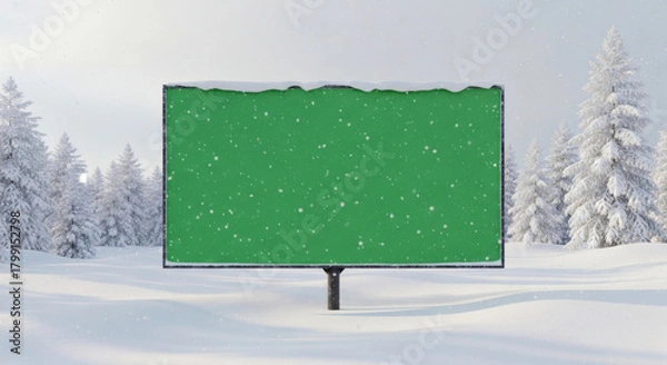 Fototapeta Blank green screen billboard template set in a picturesque winter forest with falling snow, perfect for seasonal advertisements and promotional content