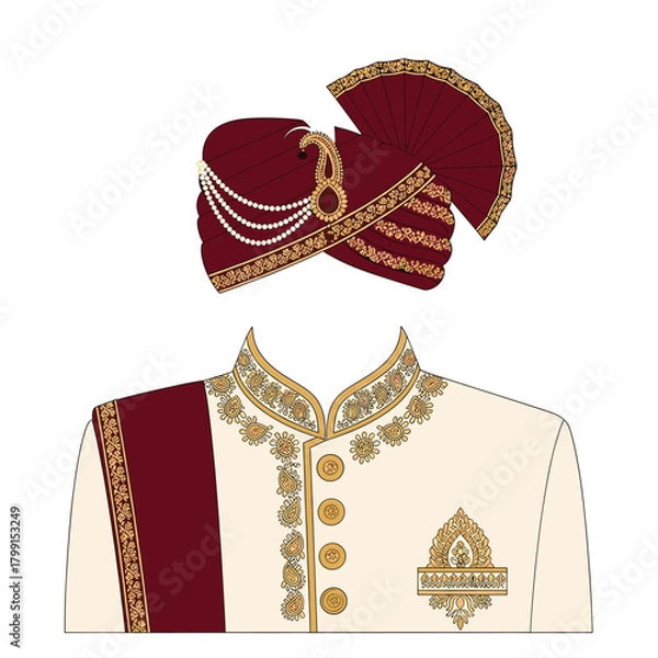 Obraz Elegant indian groom attire isolated on, featuring a maroon and gold sherwani with intricate embroidery and a matching turban for a traditional wedding look