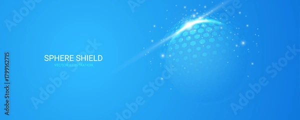 Fototapeta Glowing dome shield sphere on blue background. Modern transparent glass structure with hexagon grid. Cyber protection concept. UV protection ultraviolet. Vector illustration.