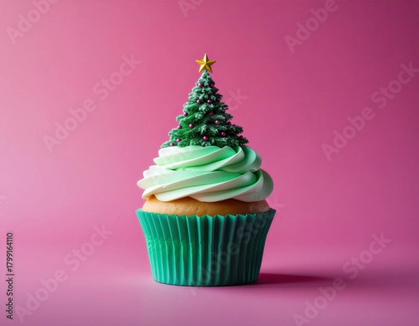 Obraz Creative Christmas tree cupcake with green frosting and gold star on pink background. Festive holiday dessert concept.