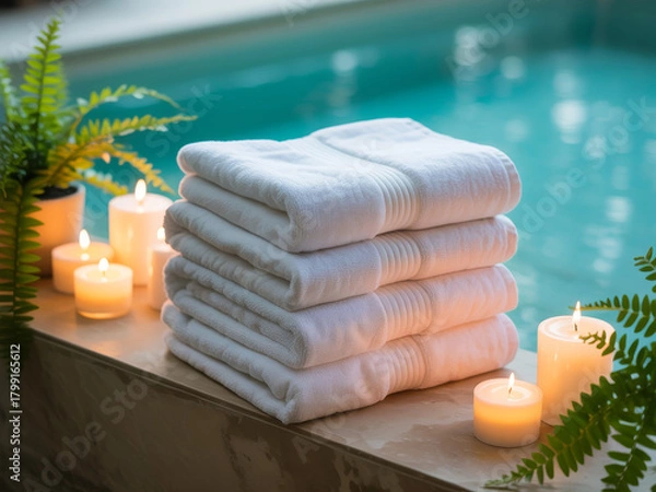 Obraz Stack of clean white towels and burning candles near swimming pool. Spa, wellness, and relaxation concept with green leaves and blue water background.