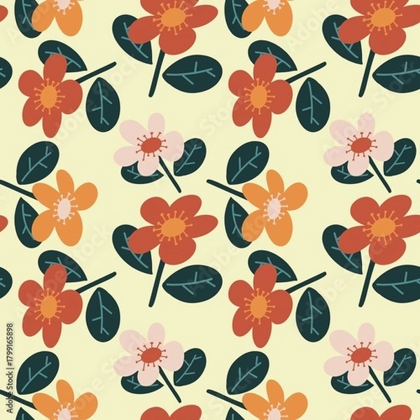 Fototapeta seamless floral pattern Retro Mustard Yellow Red Pink Floral and Leaf Tile Seamless Pattern, Vintage 70s, Pastel background, Warm Autumn Earth Tones Textile and Wallpaper.