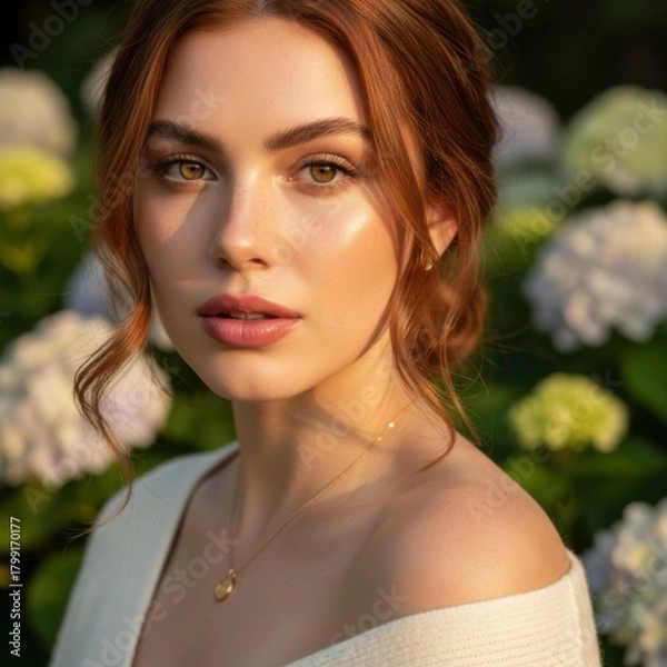 Fototapeta Close-up portrait of a serene young woman in a natural setting
