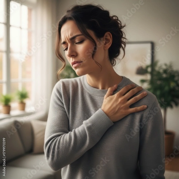 Fototapeta Woman suffering from acute shoulder pain at home, feeling unwell
