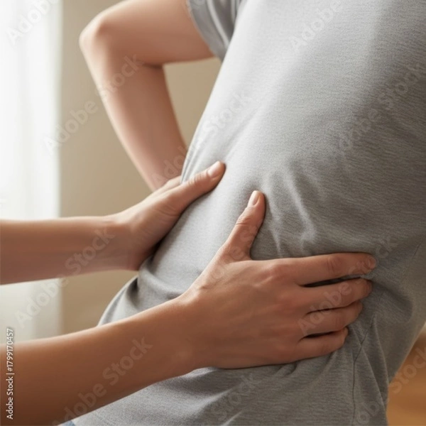 Fototapeta Person suffering from low back pain, hands providing comfort.