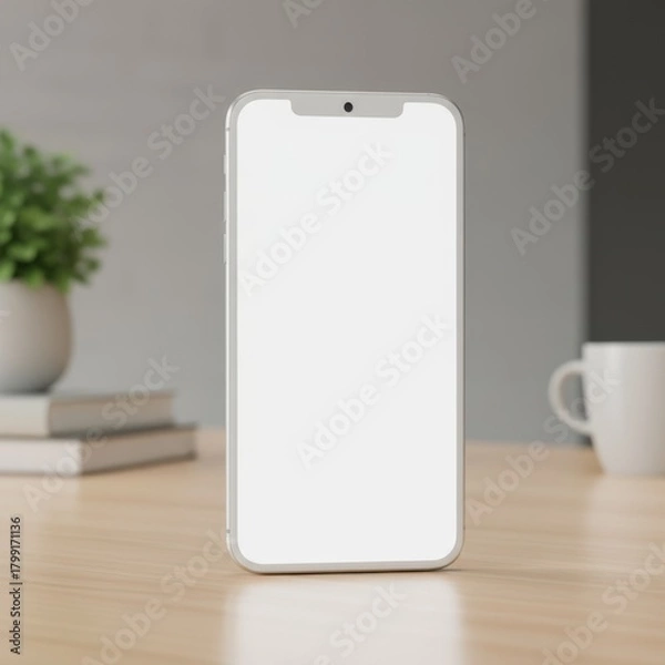 Fototapeta Modern smartphone blank screen mockup on wooden desk, clean space