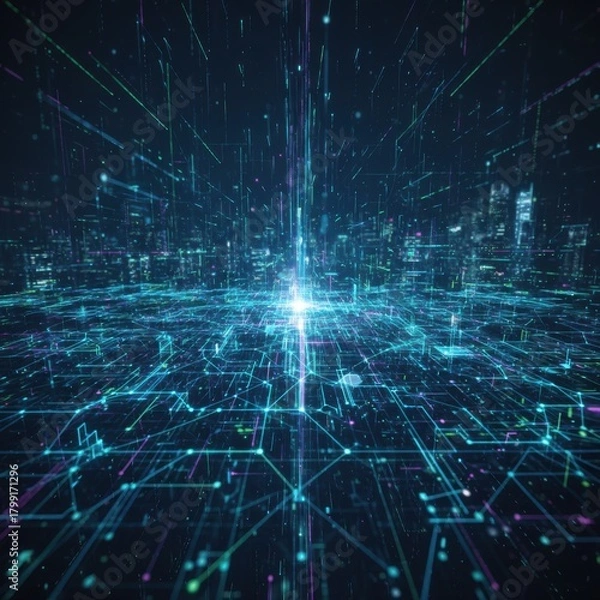 Fototapeta Futuristic digital network flowing through an abstract cityscape