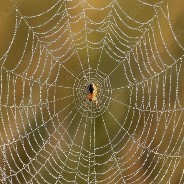 Fototapeta Intricate spider web with morning dew drops and garden spider