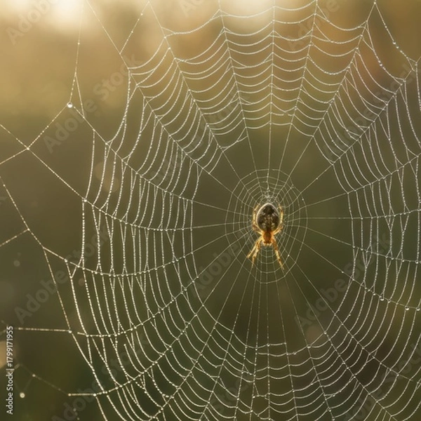 Fototapeta Spider on dewy intricate web at dawn, glistening water droplets.