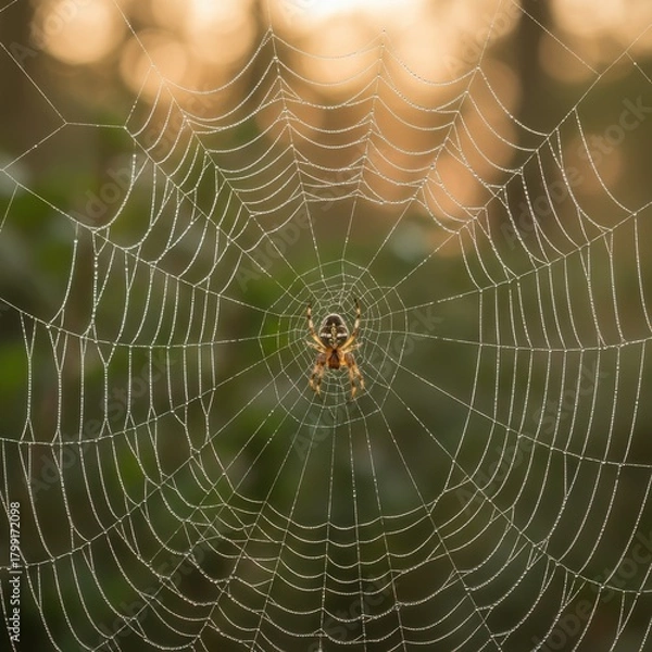 Fototapeta Garden spider waits patiently in its dew-covered web at dawn