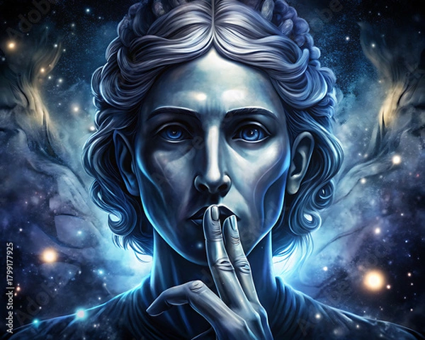 Obraz Watercolor 3d marble statue of male figure with two finger on lips, soft gray blue tones classic silent gesture art for prints and décor on black background.