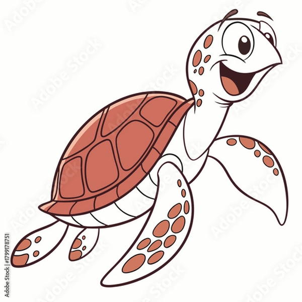 Obraz Cartoon Sea Turtle on White Background, Smiling Reptile