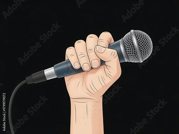 Fototapeta A hand holding blue microphone, simple illustration style, silver mesh head, clean focused composition on black background .