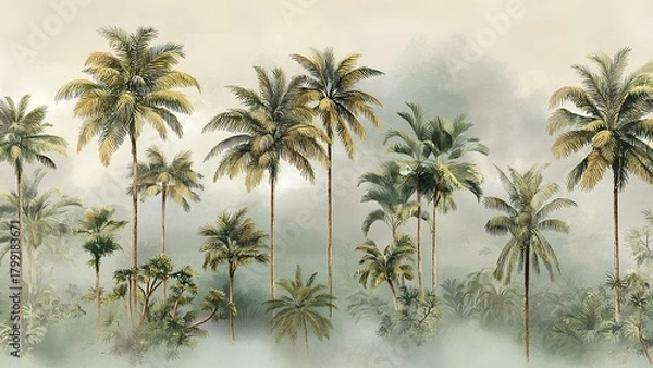 Fototapeta Tropical Palm Tree Landscape – Vintage Botanical Forest Illustration