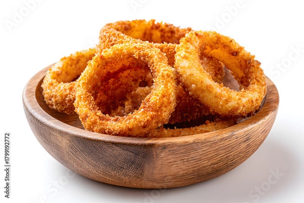 Obraz Breaded onion rings in a wooden bowl on a white background