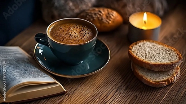 Fototapeta Coffee and Bread Reading Scene, Catering Design Element (Suitable for Coffee Ads, Life Scenarios, Visual Materials, etc.)