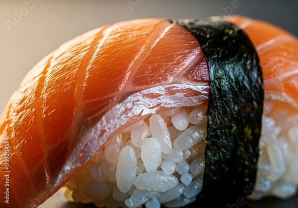 Fototapeta Delicious salmon sushi nigiri with nori seaweed closeup for food blogs