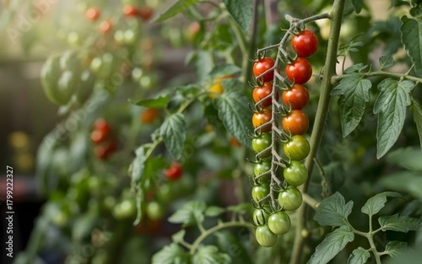 Obraz Fresh Cherry Tomatoes Growing on Garden Vine in Sunlight