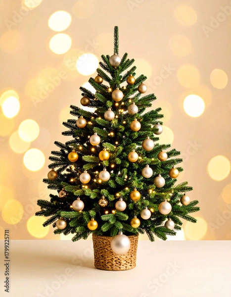 Fototapeta Tarjeta de felicitación o christmas navideño con un arbol o abeto de navidad decorado con adornos y bolas navideñas en ambiente dorado con reflejos y luces brillantes desenfocadas