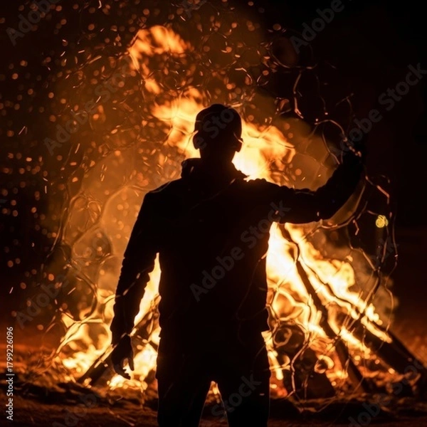 Fototapeta Dramatic silhouette of a person standing powerfully in front of a large crackling bonfire at night