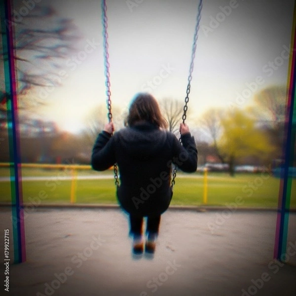 Fototapeta Solitary Moment on a Playground Swing A young person finds peaceful reflection in a park