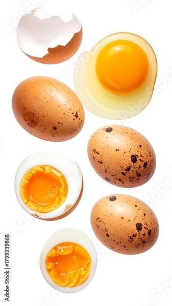 Fototapeta Collection of eggs, whole, cracked, boiled, and raw, displayed in a floating, stacked arrangement