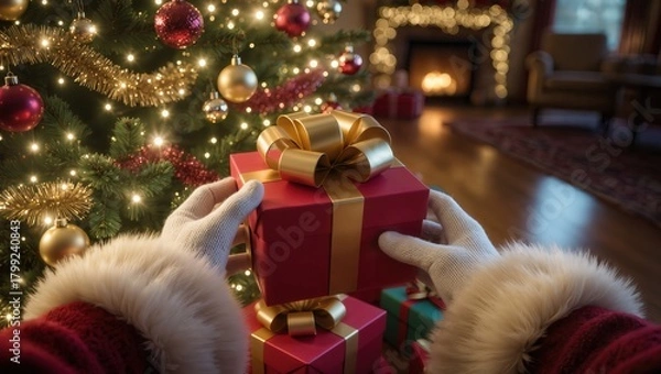 Fototapeta Santa's hands leaving presents under the Christmas tree