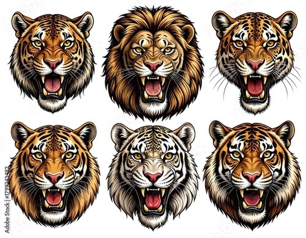 Obraz Collection of fierce animal heads tigers, jaguar, and lion, all roaring with open mouths