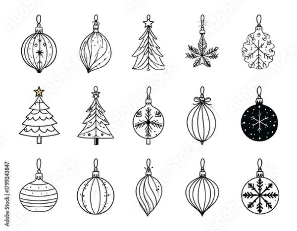 Obraz Collection of fifteen black-and-white sketched Christmas ornaments and trees on white