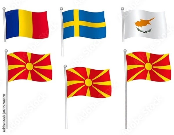 Fototapeta Collection of flags waving in the wind. 3 top, 3 bottom, on white background