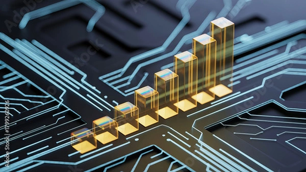 Fototapeta Rising golden bars on circuit board, representing growth and success in technology, finance, or business, conveying a sense of progress and innovation