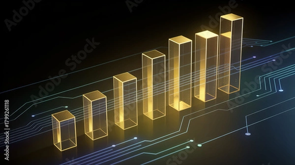 Fototapeta Modern golden bar graph showing growth and upward trends, perfect for financial reports, business presentations, and demonstrating success with technology