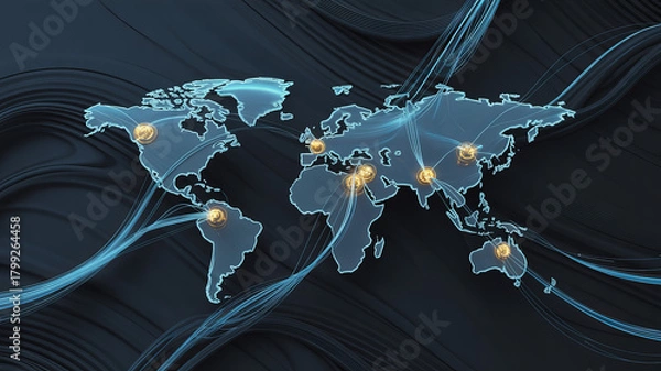 Fototapeta Global network connections with glowing points across the world, demonstrating global communication in stunning detail for modern business and technology