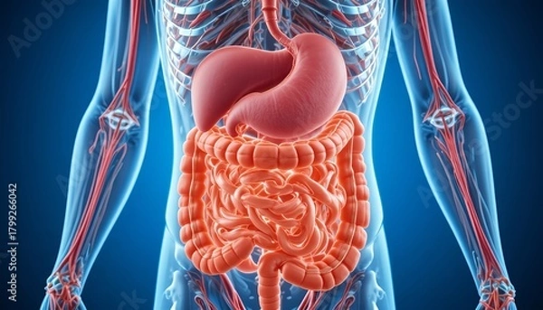 Obraz Detailed anatomical illustration of the human digestive system, showing intestines, stomach, and surrounding blood vessels with clear structure and vibrant medical visualization