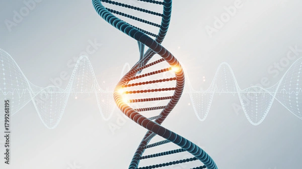 Fototapeta Delve into the intricate world of genetics with this captivating DNA double helix, perfect for medical research, pharmaceutical innovation, and scientific breakthroughs