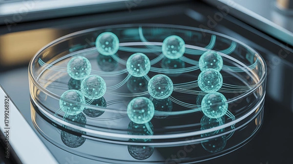 Fototapeta Innovative scientific research with glowing cells in petri dish for groundbreaking discovery, cutting-edge bio technology solution for future innovation