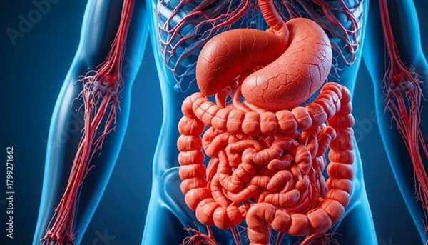 Obraz Detailed anatomical illustration of the human digestive system, showing intestines, stomach, and surrounding blood vessels with clear structure and vibrant medical visualization