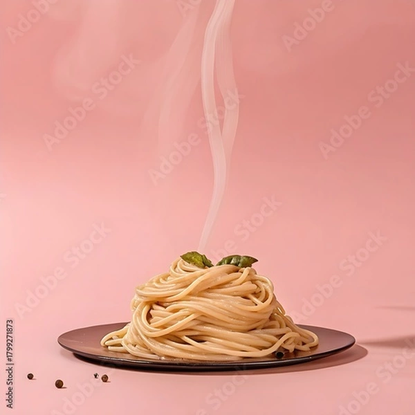 Fototapeta Creamy steaming pasta captured in dramatic studio lighting, showing rich sauce texture and fresh garnish in an extreme close-up view.