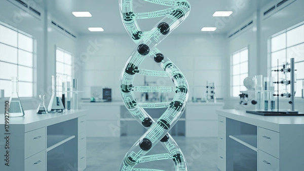Fototapeta Futuristic DNA structure in a sterile lab setting, representing genetic research, medical innovation, and cutting-edge biotechnology advancements