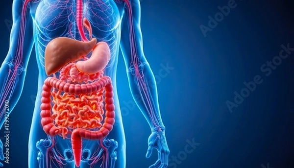 Fototapeta Detailed anatomical illustration of the human digestive system, showing intestines, stomach, and surrounding blood vessels with clear structure and vibrant medical visualization