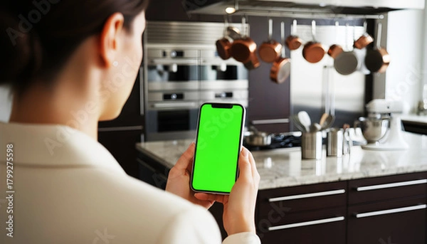 Fototapeta Hand holding smartphone with bright green screen in modern kitchen, surrounded by cooking utensils, cookware, and appliances, ideal for app mockups, digital previews, and tech concepts
